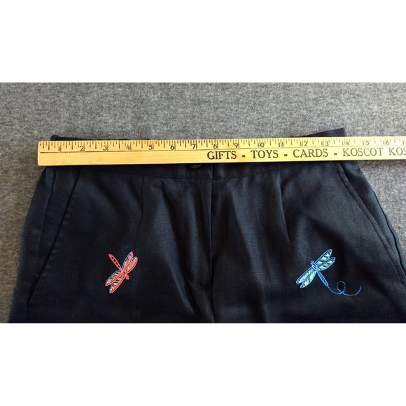 Appleseeds 100% Linen Cropped Pants Black Embroidered Dragonfly Women 6P Novelty - Picture 12 of 16